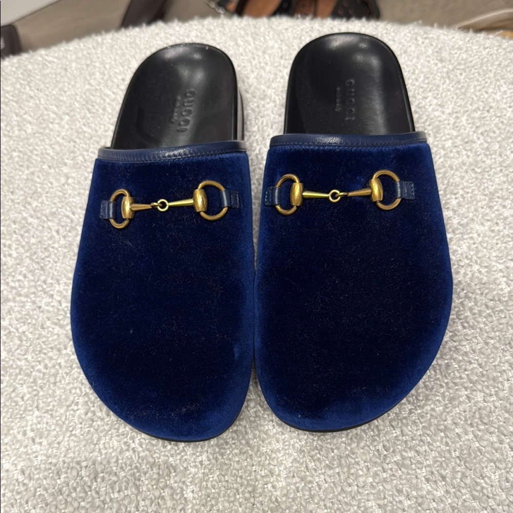 Gucci Blue Velvet Slip-On Shoes with Gold Accent